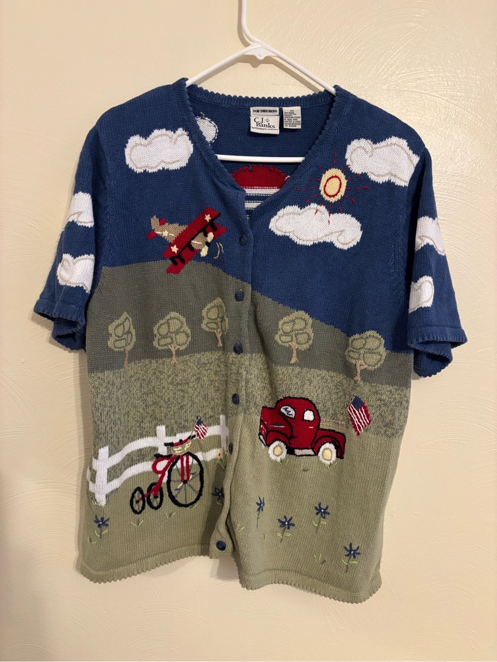 Christopher & Banks Blue and Green Button-Front Sweater with Red Truck Motif